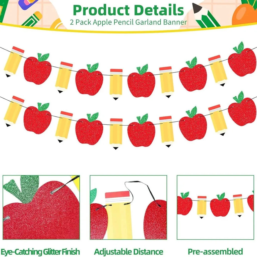 Glitter Apple Pencil Garland – Back to School Banner Decor Party Banner Garland Zpaxo
