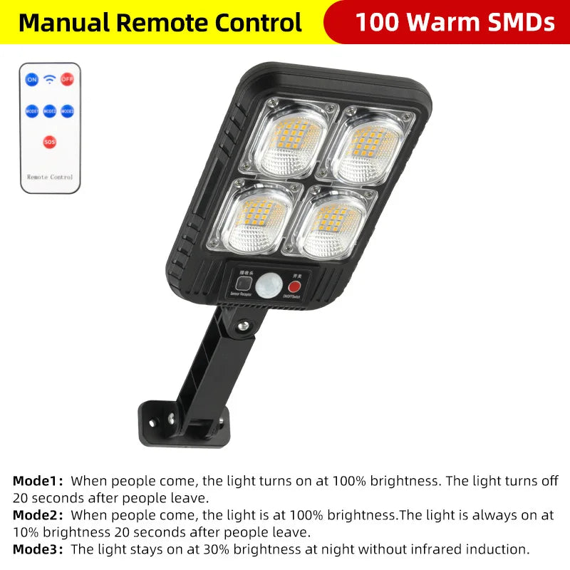 Solar Street Lamp IP65 Waterproof Outdoor Motion Sensor COB LED Zpaxo 100LED- Warm