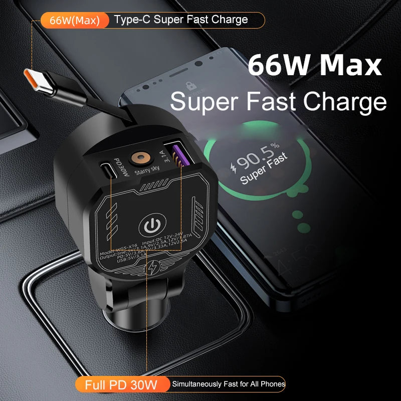 UYUXIO Retractable Car Phone Charger Adapter Starlight Full PD 30W