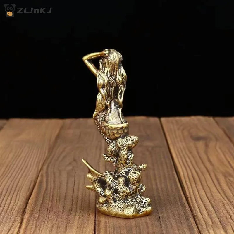 ▶1PCS Mini Brass Mermaid Figurine Fairy Tale Character Mermaid Princess Statue Zpaxo