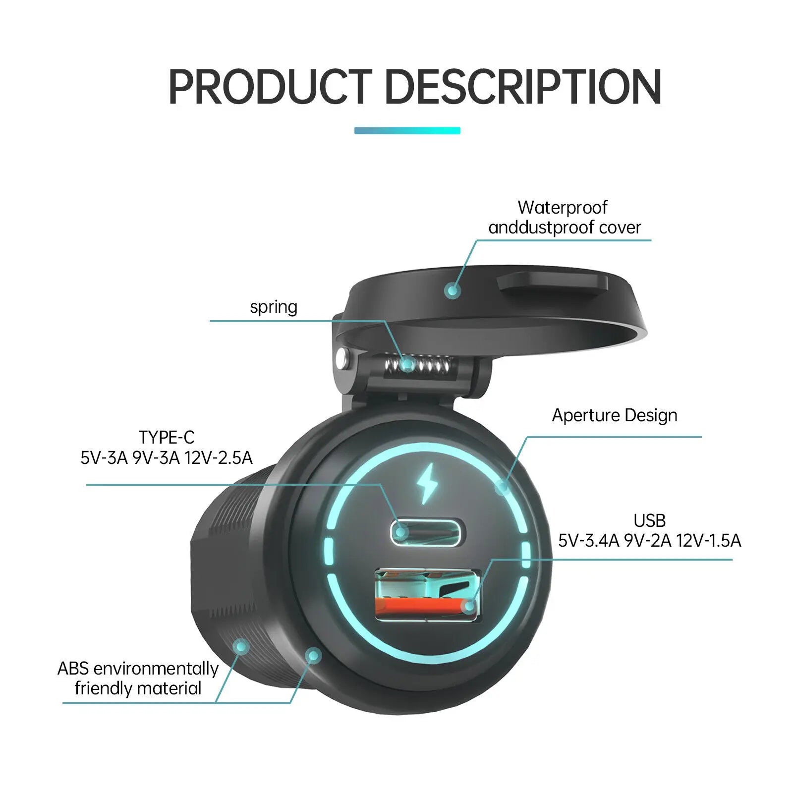 USB C Car Charger Cigarette Lighter Socket 12V-24V Dual Charging