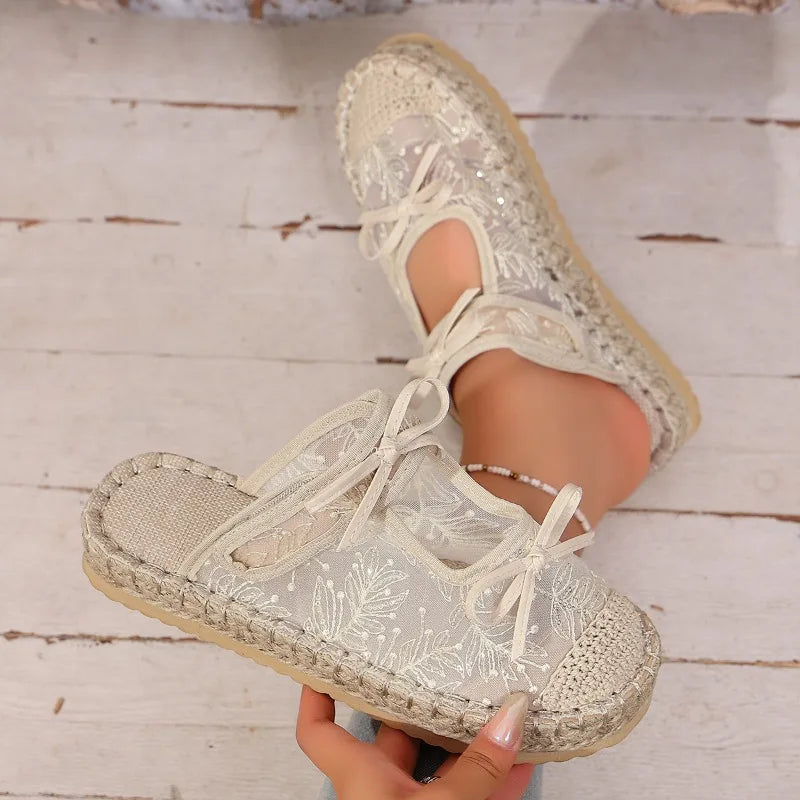 Summer Women's Embroidery Bow Embellishment Thick Sole Slippers Women Zpaxo Beige 43