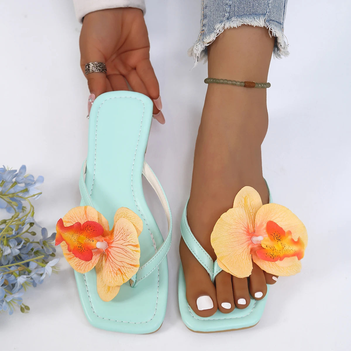 Women Slippers Comfort Beach Flip Flops Clip Toe Flower Decor Summer Zpaxo green 42