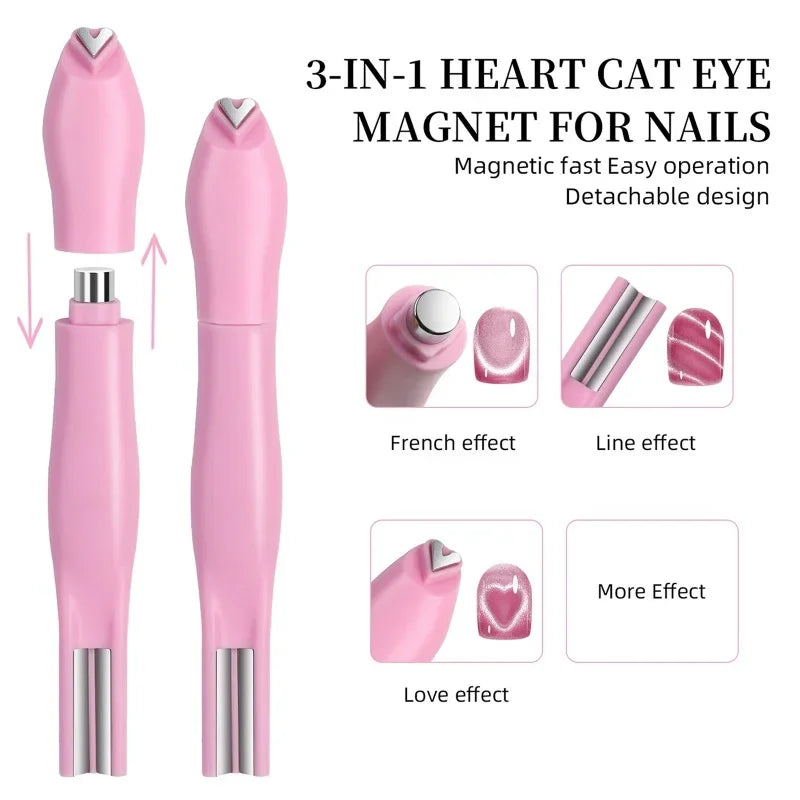 3 in 1 Cat Eye Nail Magnetic Stick Love Heart Snake Pattern French Cat Eye Nail Magnet UV Gel Polish Effect Manicure Design Tool Zpaxo