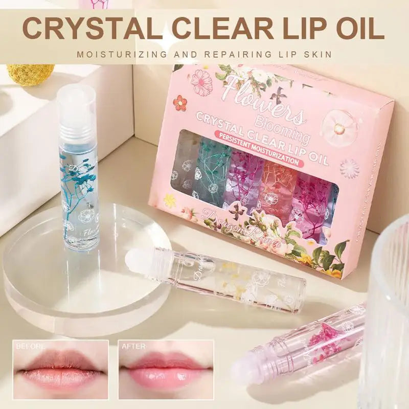 Flower Roll-On Lip Oil Gloss Set – Hydrating & Clear, 6 Pcs Lip Oil Gloss Set Zpaxo