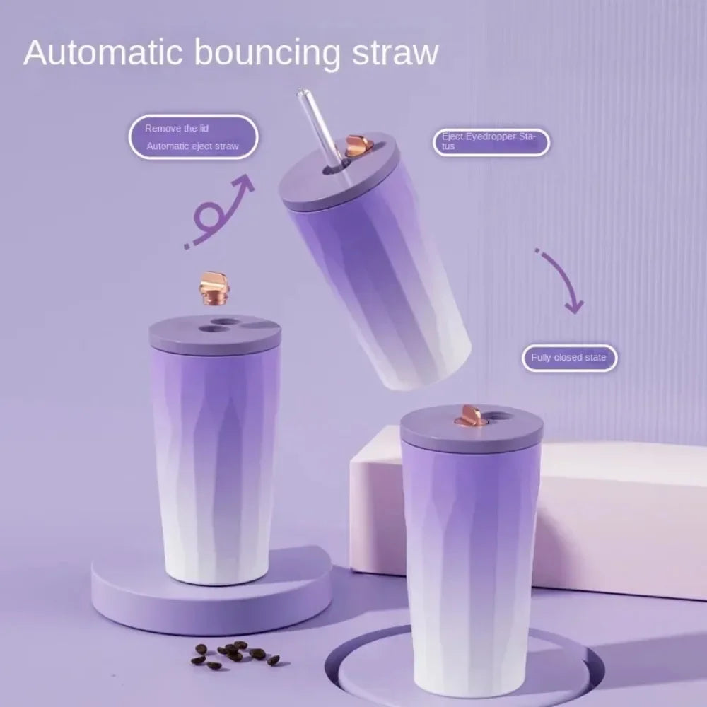 New 600ml Fashion Gradient Coffee Cup Portable Stainless Steel Water Cup with Straw Heat and Cold Insulation Coffee Gift Cup LIY Zpaxo