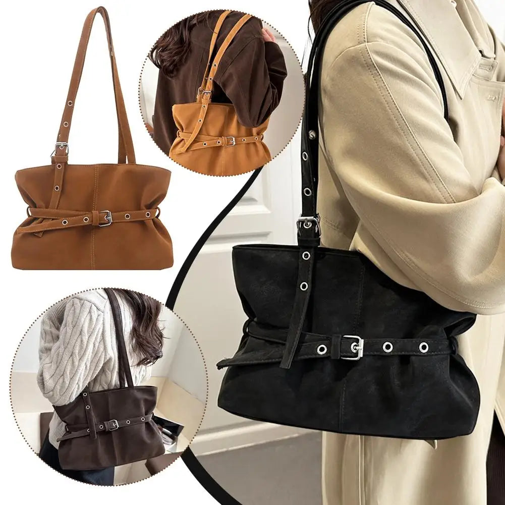 Vintage Suede Tote Bag with Belt Buckle | Women's Shoulder Bag Suede Tote Bag Zpaxo