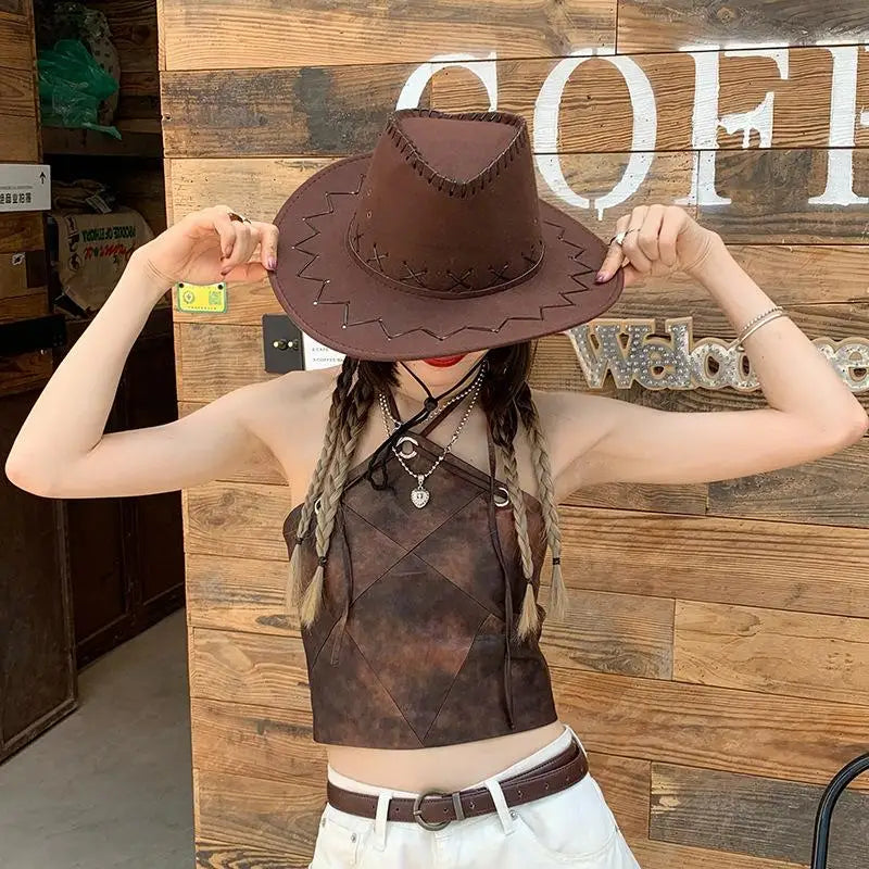 Women Men Cowboy Hat Western Suede Cowgirl Hats Fashion West Fancy Zpaxo