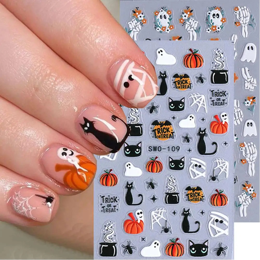 1pcs Halloween Nail Stickers Pumpkin Ghost Spider Skull Design Cute Adhesive Slider Decals DIY Manicure Decor Zpaxo