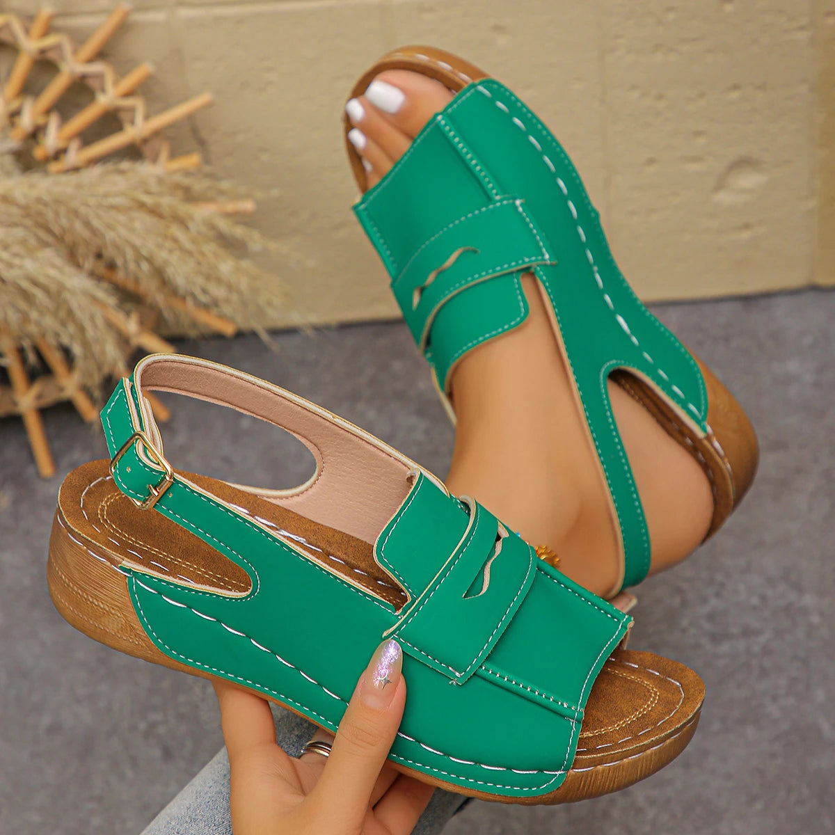 Women Sandals 2026 New Wedge Buckle Orthopedic Outdoor Shoes Female Summer Soft Sexy Open Toe Fashion Sandals Sandalias De Mujer Zpaxo green 41