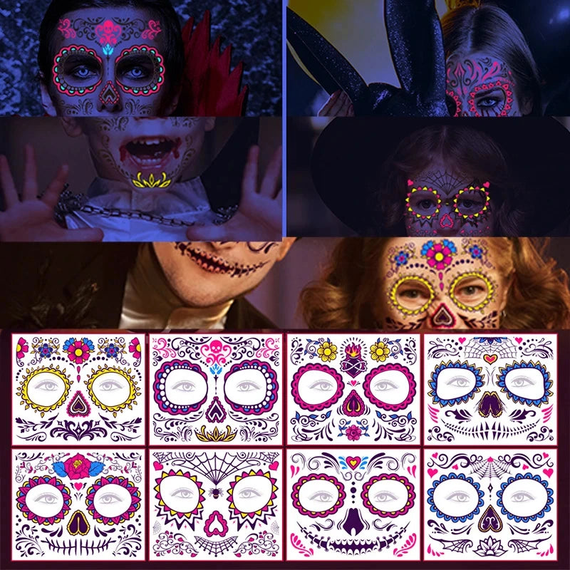 Day of the Dead Halloween Tattoo Fluorescent Waterproof Temporary Face Stickers Makeup Tattoo Dress Up Decoration Party Festival Zpaxo