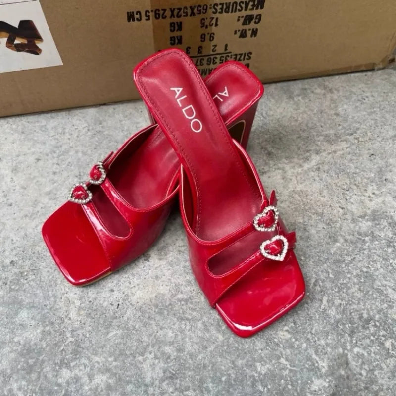 Women's Slippers 2024 New Summer Square Toe Rhinestone Buckle High Heels Casual Sexy Slim Heels Women's Cool Slippers Women's Zpaxo
