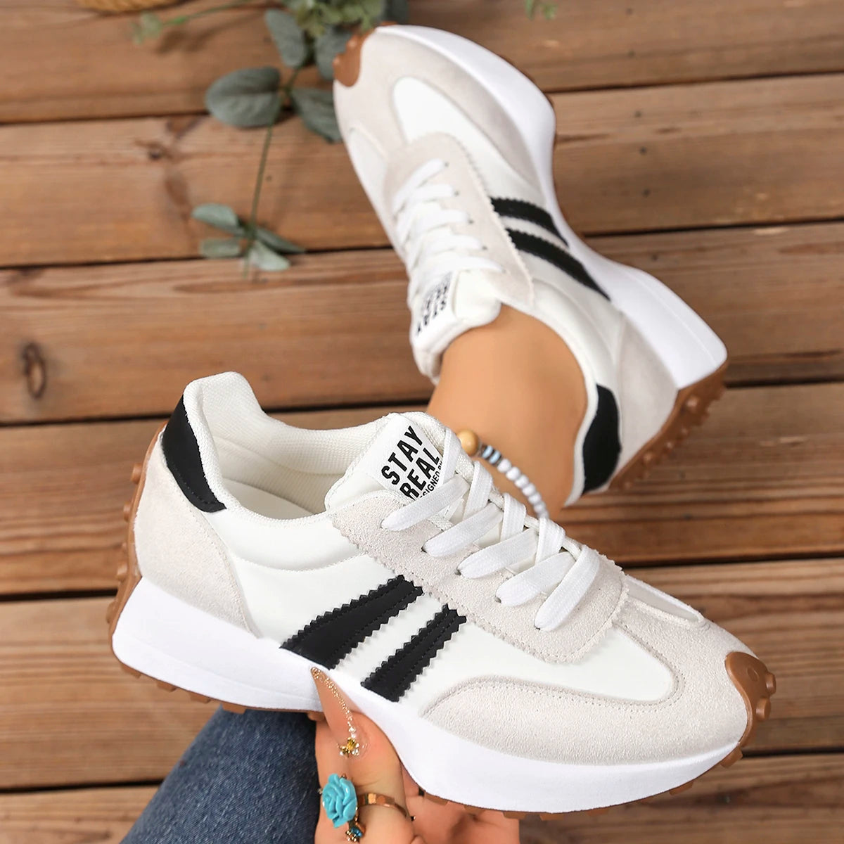 Women Chunky Sneakers Platform Casual Fashion Lightweight Soft Bottom Zpaxo Beige 43