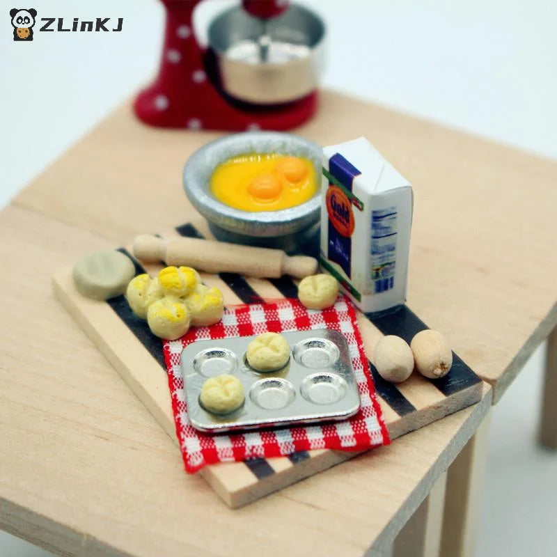 ▶Dollhouse Food Toy Pastry Making Station Egg Milk Bread Cutting Board Miniatures Model Kitchen Accessory Kids Pretend Play Toys Zpaxo