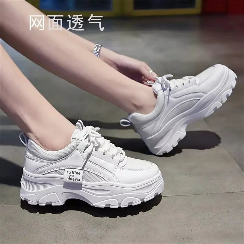 CINESSD Fashion White Women Chunky Sneakers Shoes Lace Up Platform Zpaxo