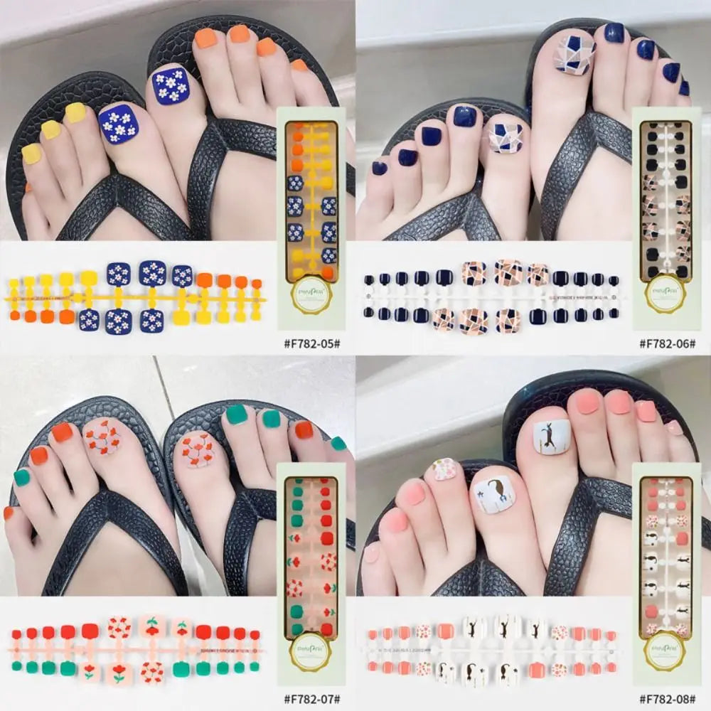 24pcs Sequins Fake Toenails Full Cover Short Square Toe Nails Foot Nails Tips for Women Girls Zpaxo