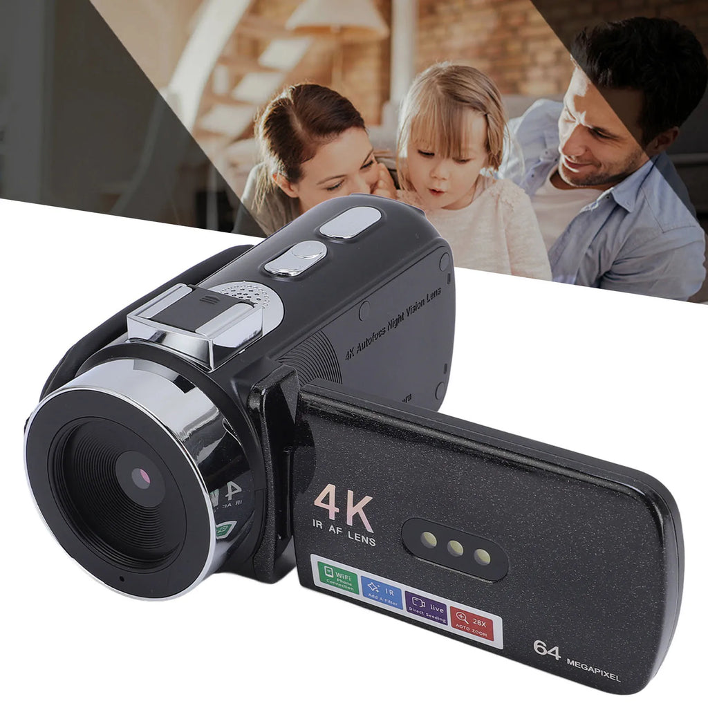 Digital Video Camera 28X Zoom Screen Auto Focus 4K 64MP HD LED White