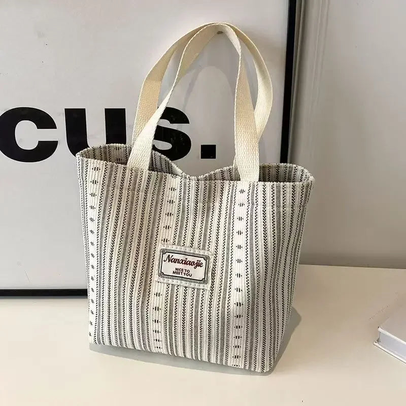 Vintage Striped Canvas Tote Bag Large-capacity Commuter Student Zpaxo Beige TM2612A