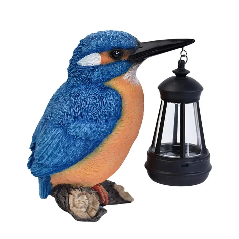 Bird Statues Outside Resin Blue Kingfisher Sculpture Solar Lantern