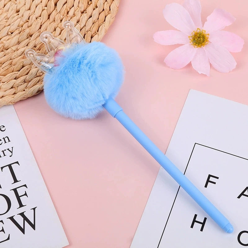 Kawaii Crown Pom Gel Pen Cute Fluffy Plush Black Ink Writing Pastel