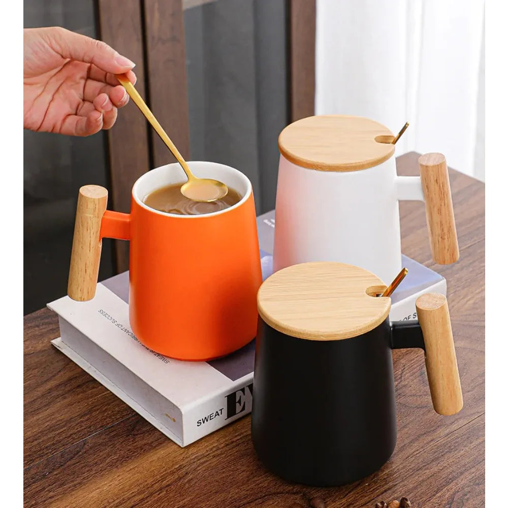 Hot Vintage Hot Selling Wooden Handle Ceramic Cup, Creative Mug, Cultural and Creative Coffee Cup with Lid Spoon Zpaxo
