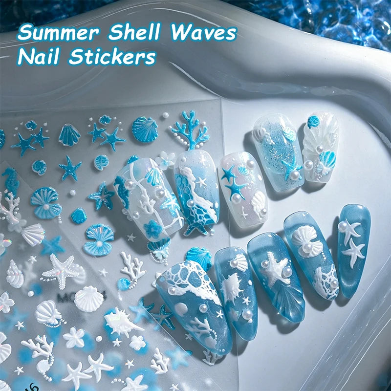 1pc Summer Shell Wave Starfish Nail Stickers Cute Conch Lemon Decorative Stickers DIY Relief Self Adhesive Summer Nail Decals Zpaxo