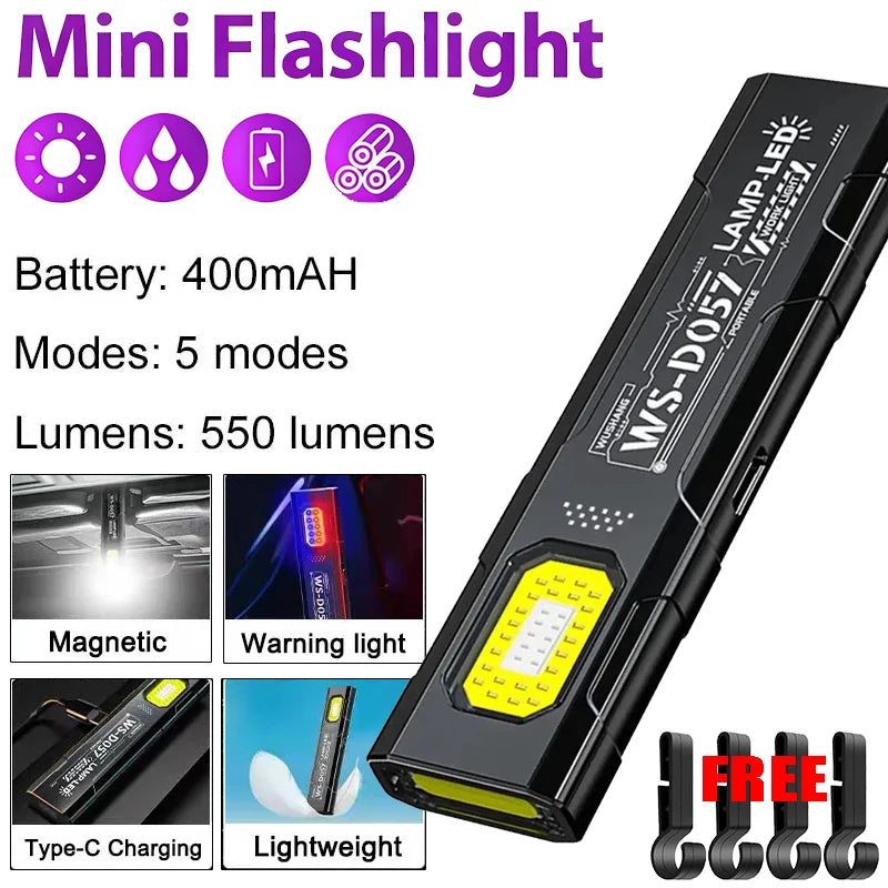 Portable EDC COB LED Flashlight – Magnetic, 550 Lumen, 5 Modes