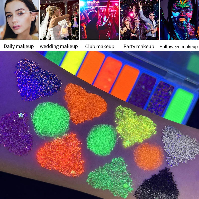 Eyeliner Eye Shadow Palette Makeup UV Glow Dark Fluorescent Neon Face Zpaxo