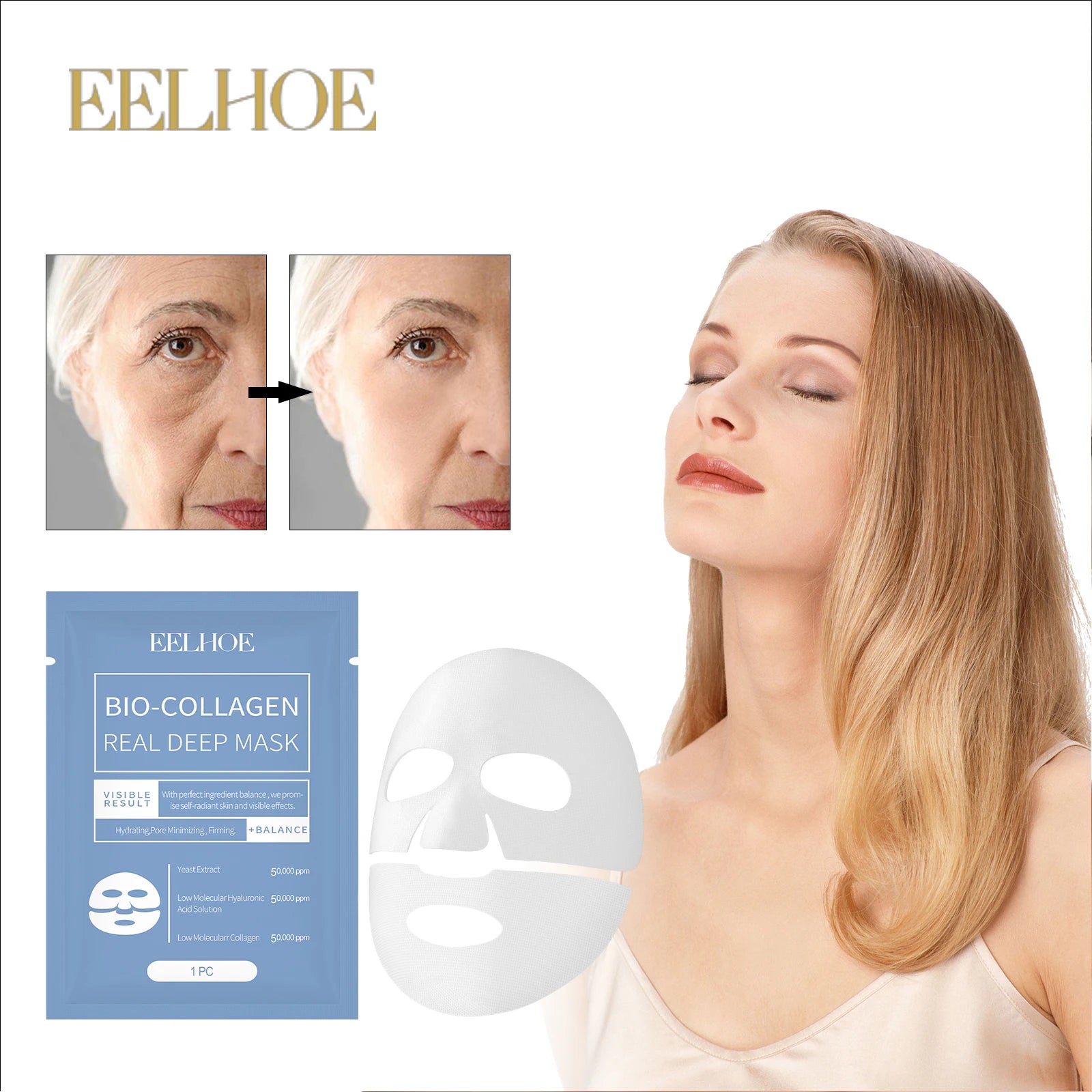 EELHOE 1-30PCS Bio Collagen Real Deep Mask Soluble Collagen Sheet Mask with Hydrolyzed Collagen Moisturizing Face Mask Skin Care Zpaxo