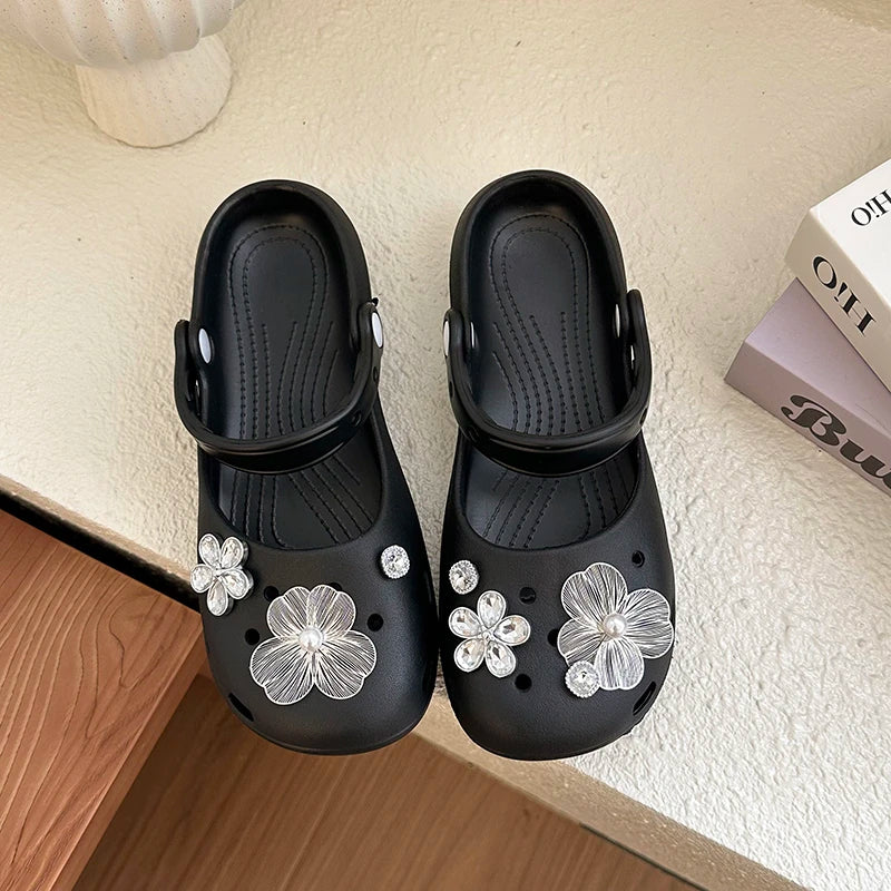 Summer Sliver Metal Flower DIY Clogs Women Luxury Rhinestone Floral
