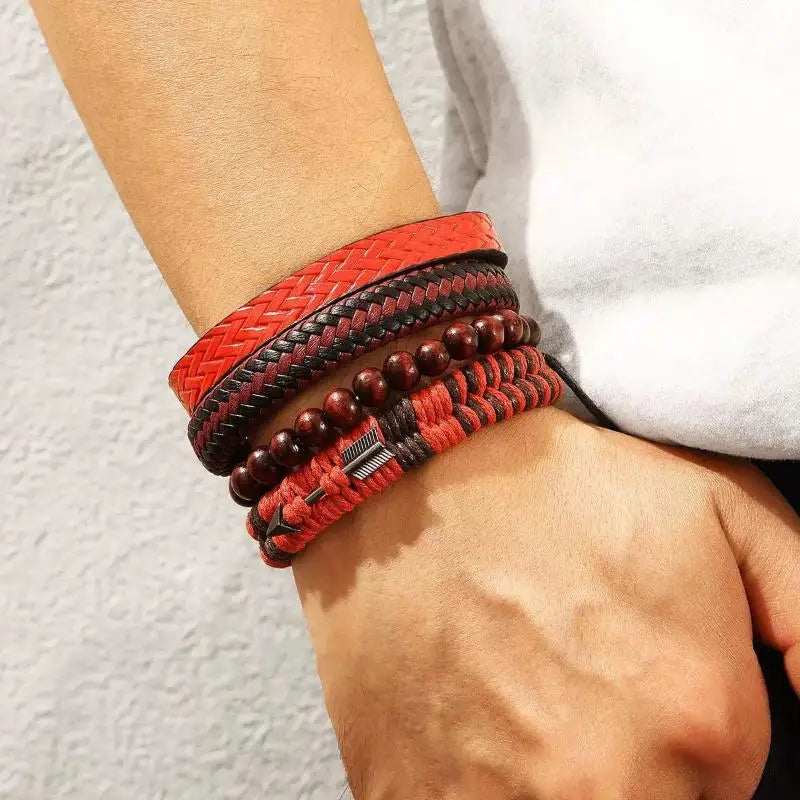 4-Piece Vintage Men's Leather & Wooden Beaded Bracelet Set