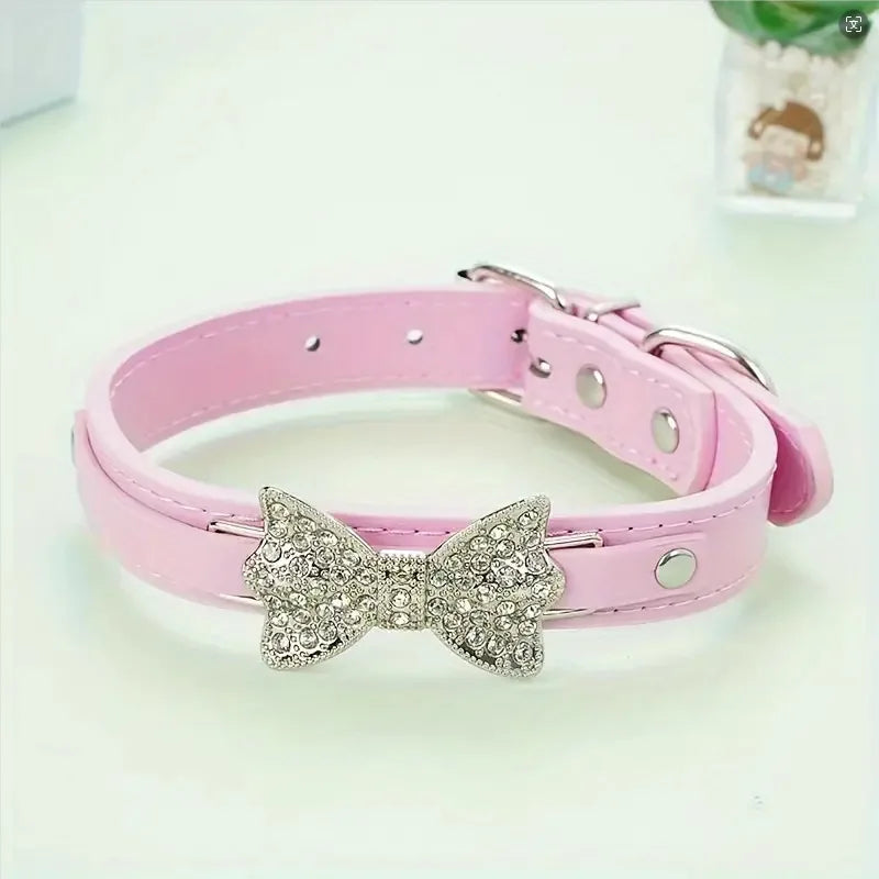 Crystal Bow Tie Pet Collar Soft Leather Cat Small Dog Necklace