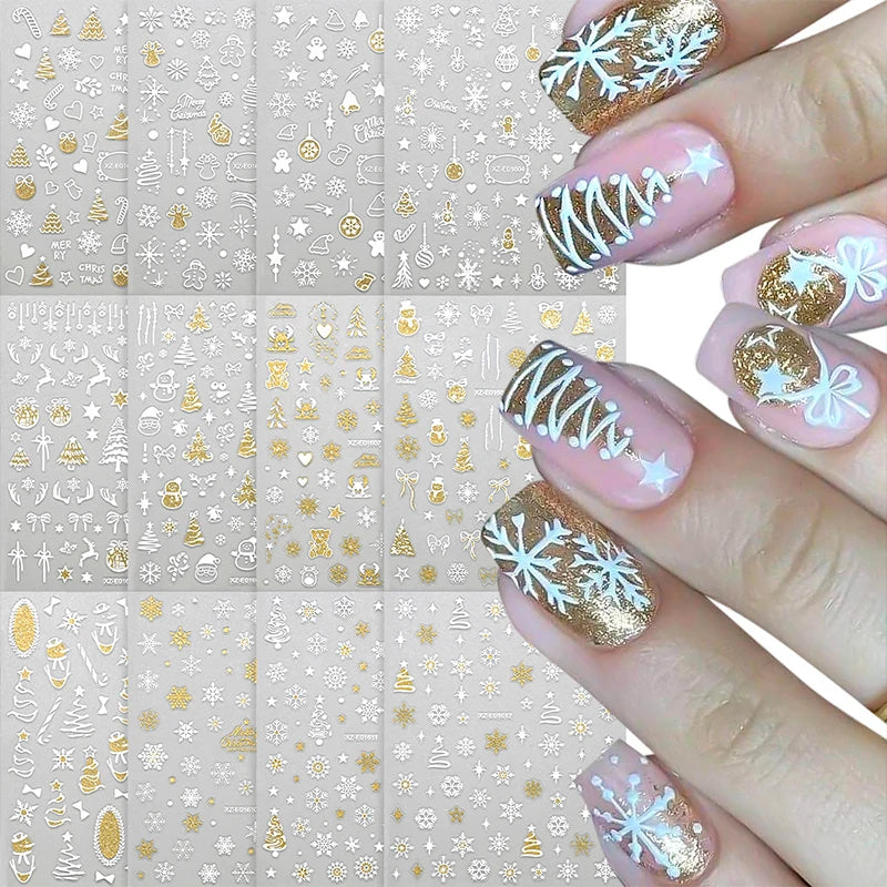 1/12pcs Multi Design Christmas Nails Sticker 3D Gold Stamping Sparkling Snowflake Christmas Tree Bowknot Winter Adhesive Decals Zpaxo Set-White-12pcs