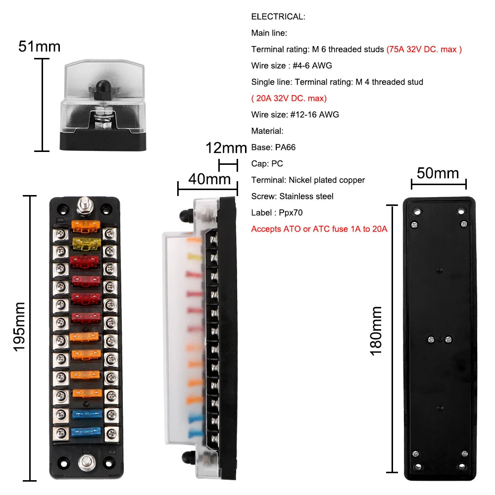 6 Ways 12 Blade Fuse Block Box Holder 32V 75A Auto Car Marine Trike