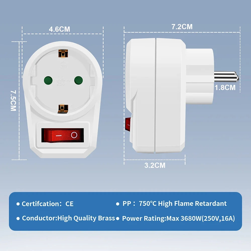 EU Plug Adapter with Switch & Neon Light – 16A 250V European Socket EU Plug Adapter Zpaxo