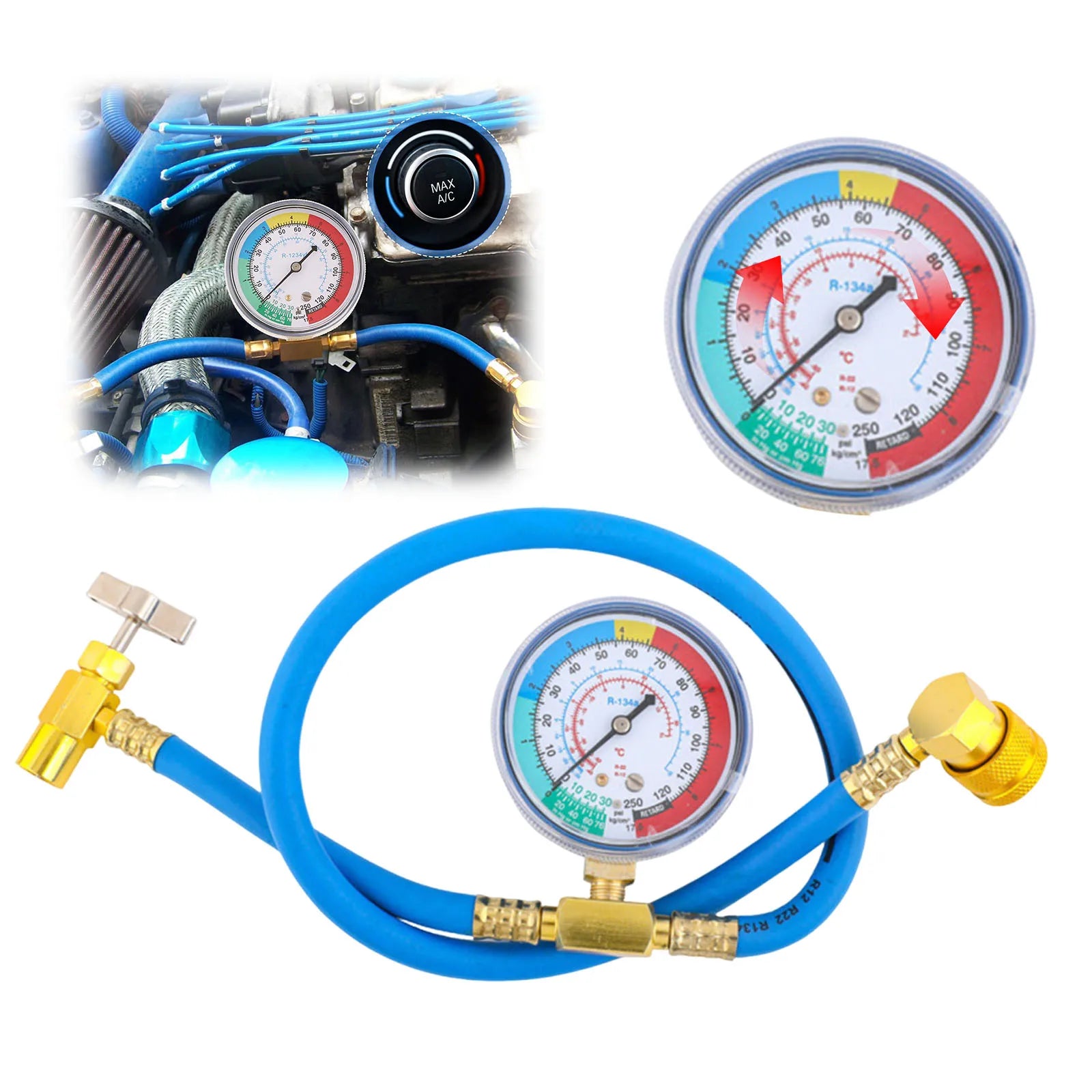 R1234YF AC Refrigerant Can Hose Gauge Charging Measuring Fits Car Air