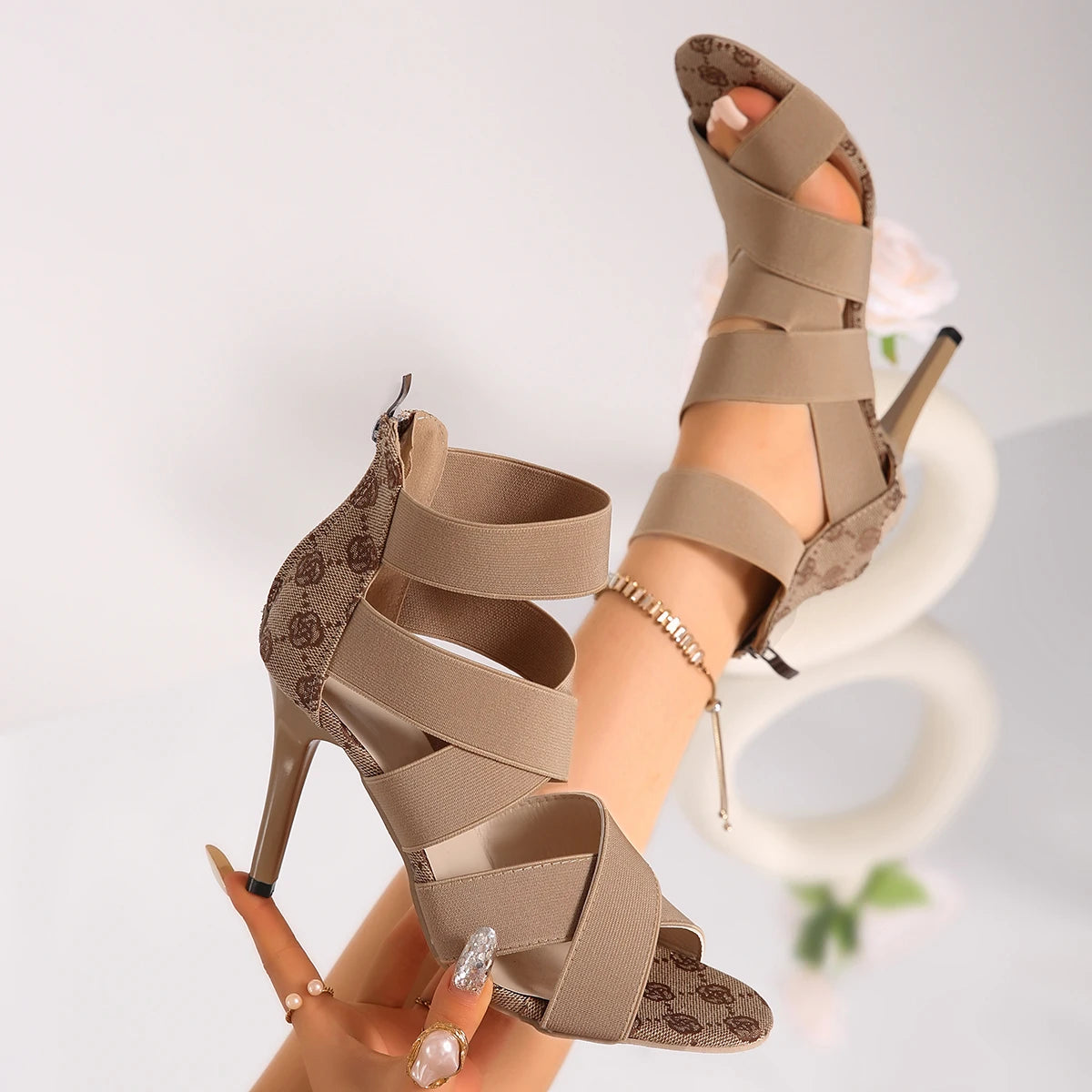 Women Pumps Party Wedding Sandals Sexy Open Toes Gladiator Shoes Zpaxo Khaki 36