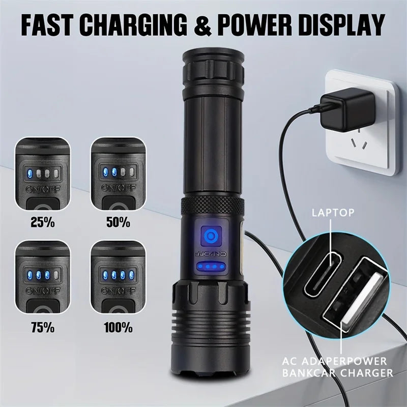 Rechargeable LED Flashlight & Power Bank – Zoom, 7 Modes, COB LED Tactical Flashlight Zpaxo