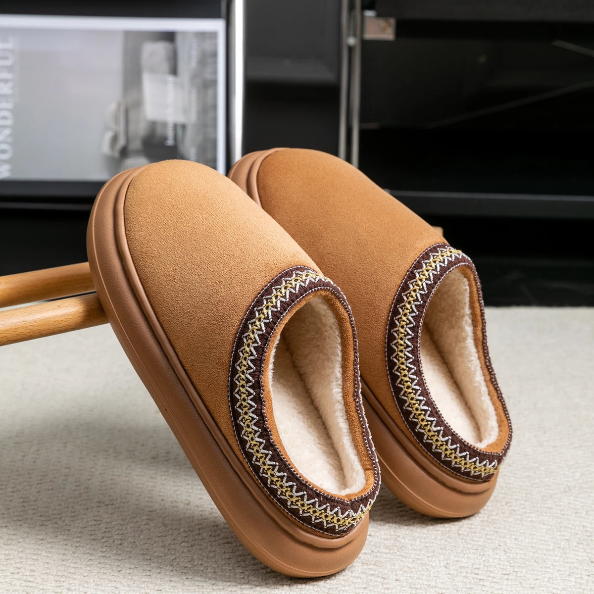 Men's Plush Slippers Winter Thick Fuzzy Indoor House Shoes Zpaxo Khaki 36-37
