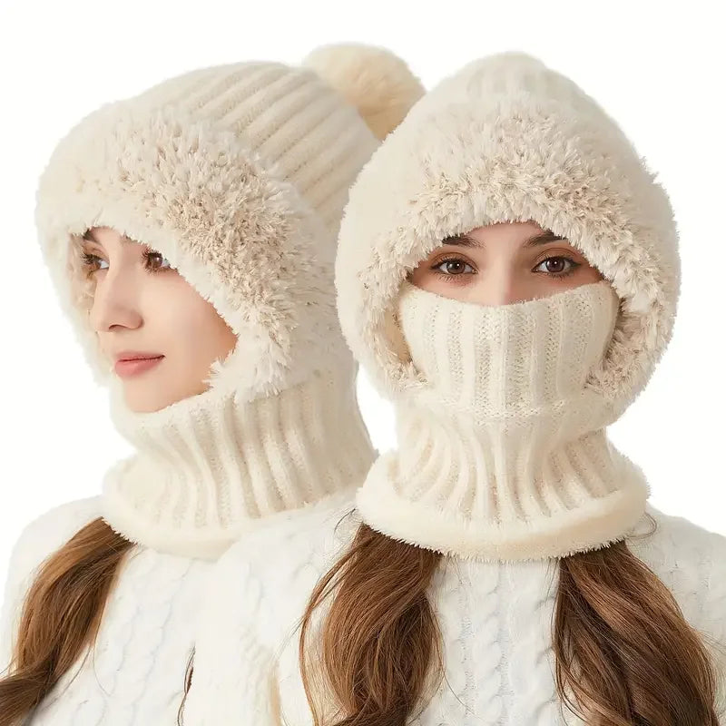 Winter Fleece-lined Knit Hat Ear Protection Windproof Integrated Hood