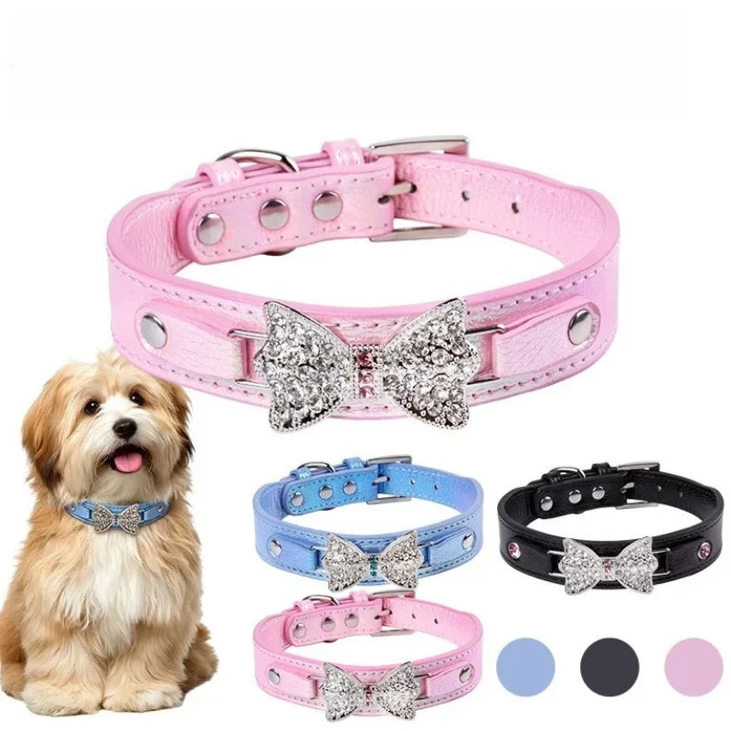 Crystal Bow Tie Pet Collar Soft Leather Cat Small Dog Necklace