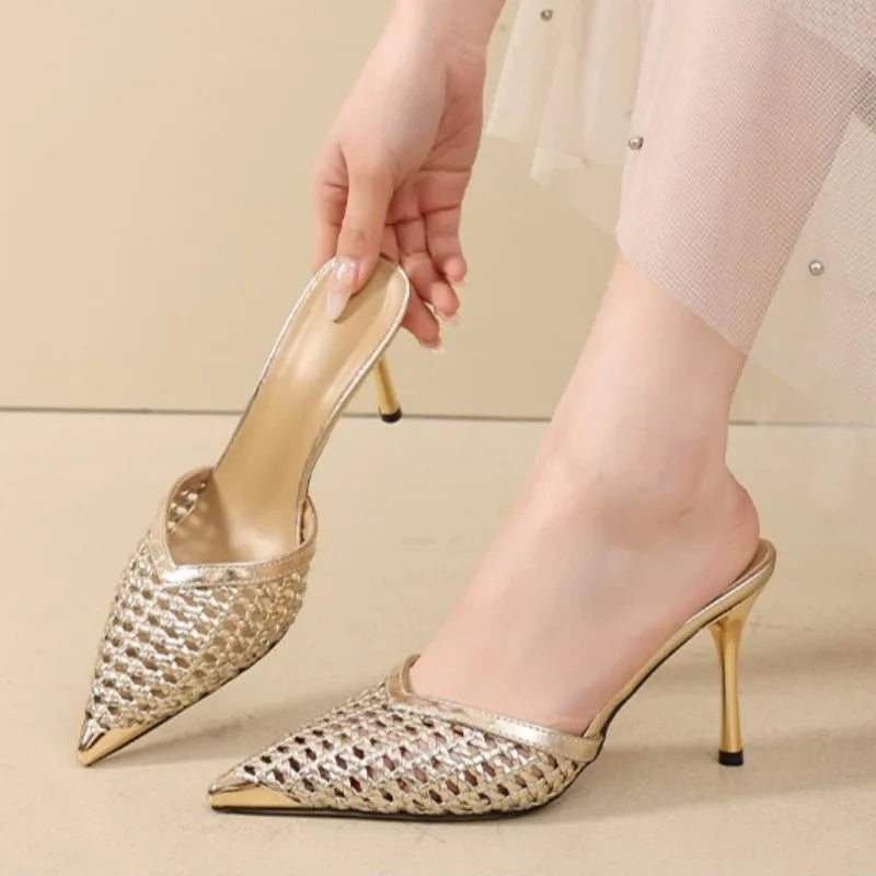Women's Hollow Pointed Toe Sandals Elegant Metal Heels Shoes Women Zpaxo Gold 41