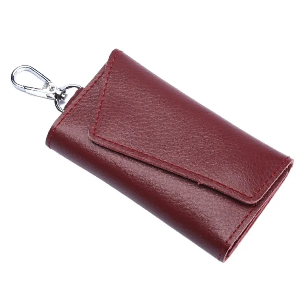 Cow Split Leather Keychain Mini Card Bag Housekeeper Key Holder Zpaxo wine red