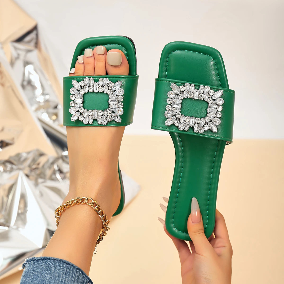 Women Slippers Square Head Flat Shoes Korean Open Toe Solid Zpaxo green 39