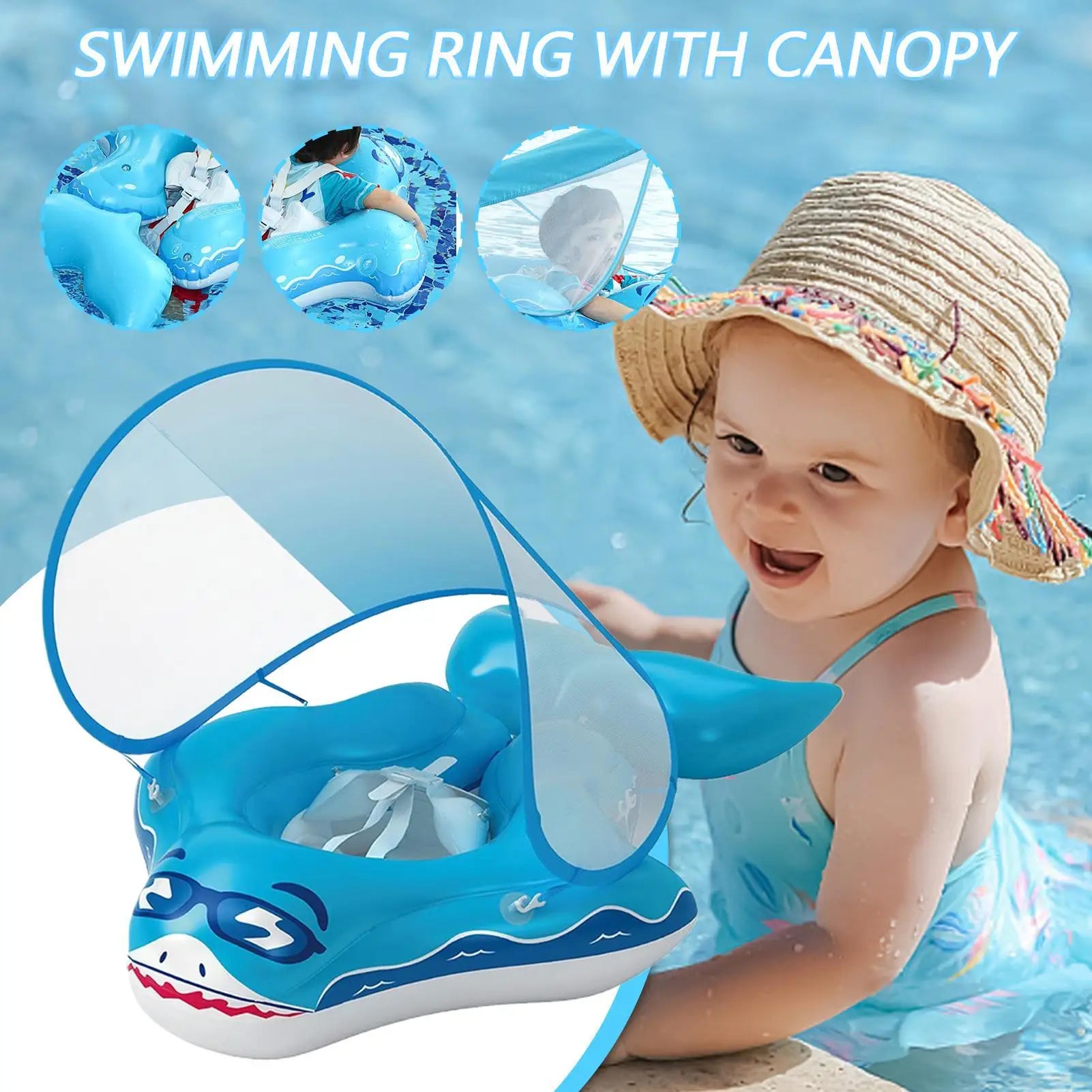 Baby Pool Float Skin-Friendly Swimming Float UV Protection Shade Ring In Fun Shark Shape For Toddler Boy Toys Play Swimming Zpaxo