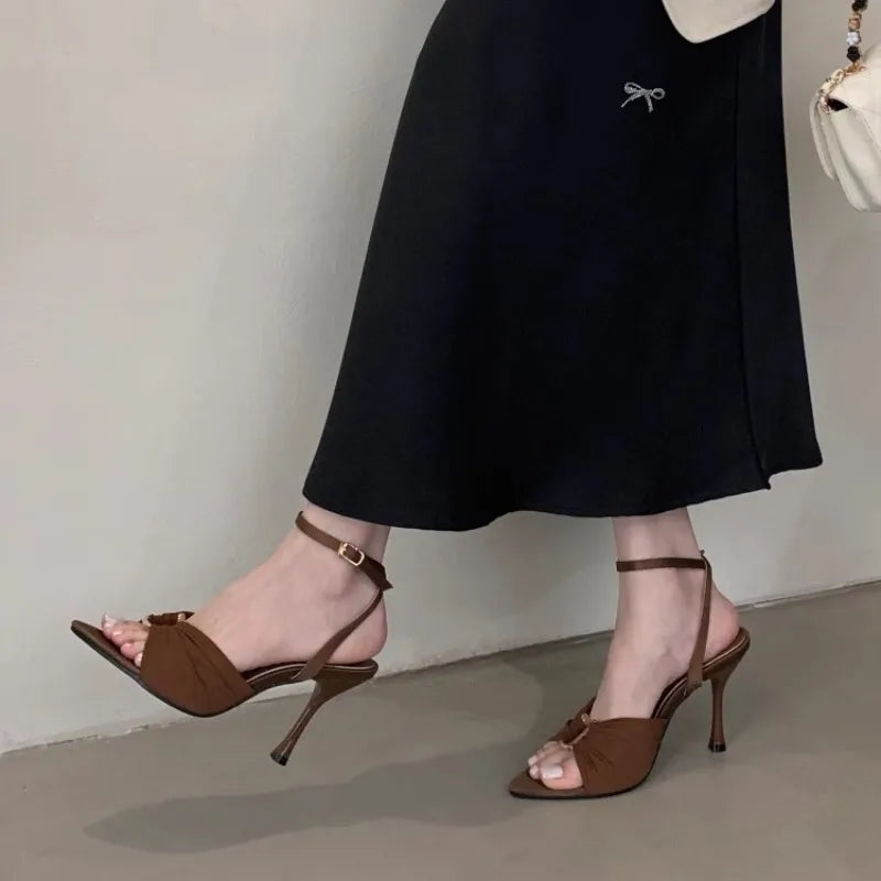2025 New Fashion Hollow Out Metal Buckle Woman Sandals Cozy Silk Ankle Strap Sexy Pointed Toe High Heels Party Dress Shoes Zpaxo