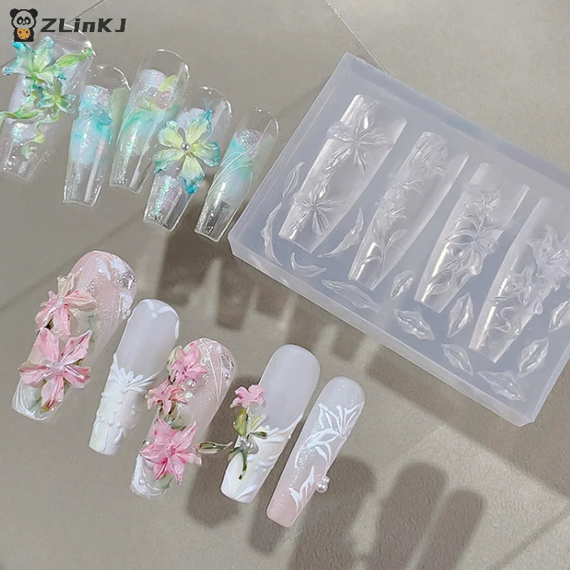 ▶1Pcs Flowers Rose Tulip Nail Silicone Relief Nail Art Mold Nail Salon Manicure Tool DIY Nail Decoration Zpaxo