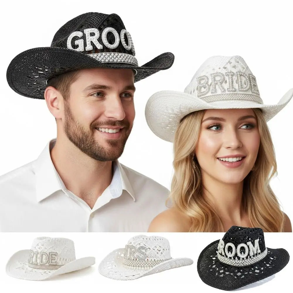 Rhinestone Letter Bride Groom Cowboy Hat Hollow Wide Brim Cowgirl Hat Crochet Western Cowboy Hat For Wedding Bachelorette Party Zpaxo