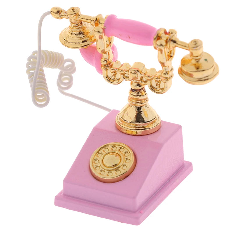 ▶1Pc 1:12 Dollhouse Miniature Phone Model Retro Rotary Telephone for Doll House Decor Zpaxo Pink