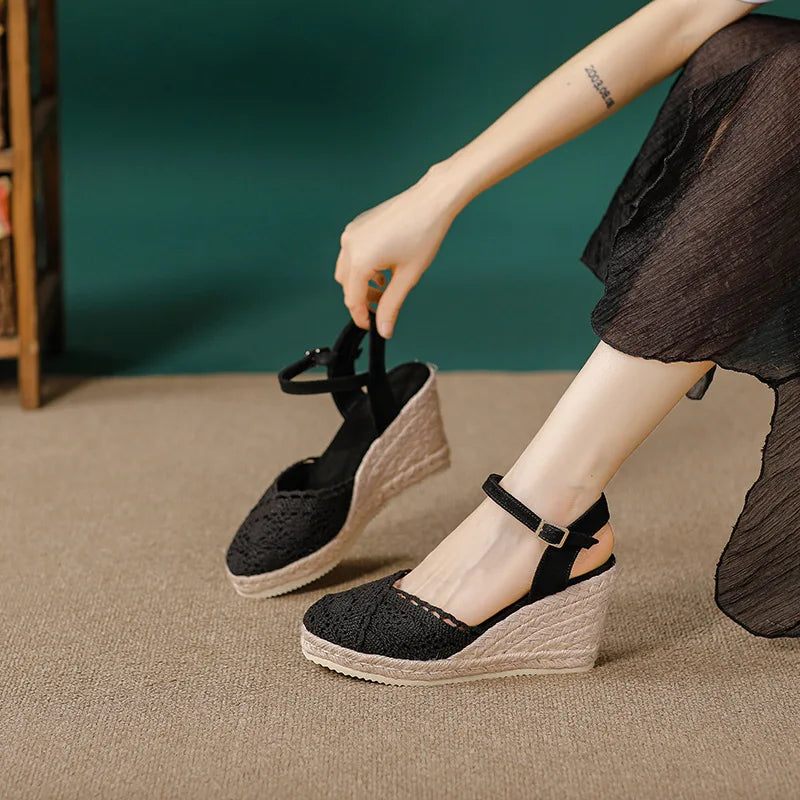 Slope Lace Heeled Sandals for Women Summer Black Thick Sole Waterproof Platform High Heels Gladiator Sandals Slippers for Women Zpaxo